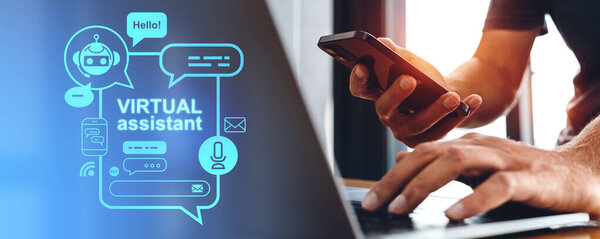 Closeup of man working with phone and laptop, typing in devices. Glowing hud screen with virtual assistant, messenger icons and speech bubbles. Concept of AI and chat bot