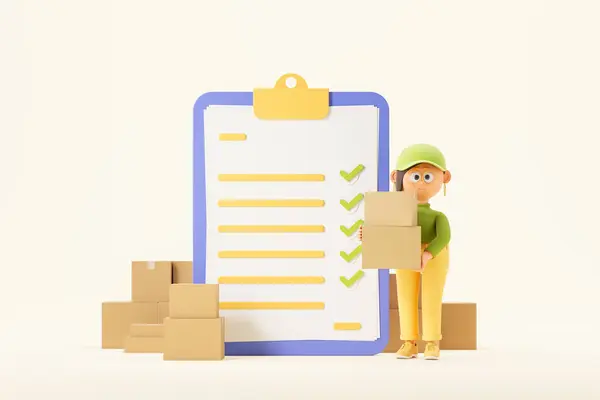 View Cartoon Woman Courier Standing Cardboard Boxes Big Clipboard Delivery — Stock Photo, Image