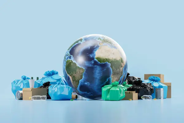 Earth sphere with plastic bags and cardboard boxes, collection of different garbage on blue background. Concept of save nature, environment pollution and trash. 3D rendering illustration