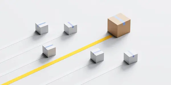 Top view of packed carton parcels moving, yellow and white road marking. Concept of fast delivery service and order shipping. 3D rendering illustration