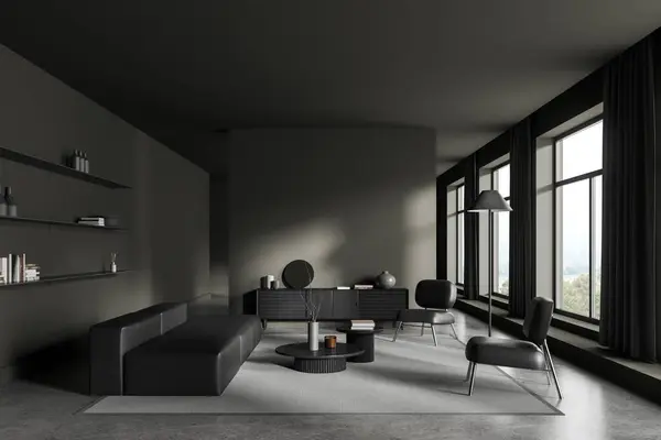 Dark home living room interior with leather sofa and armchairs with sideboard, carpet on grey concrete floor. Shelf with decoration with panoramic window on countryside. 3D rendering