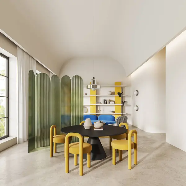 Stilvolles Hotel Wohnzimmer Mit Esstisch Mit Gelben Stühlen Blauem Sofa — Stockfoto
