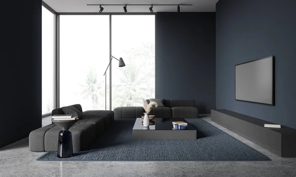 Interior of stylish living room with blue walls, concrete floor, two cozy gray couches standing near coffee table and TV set hanging above gray dresser. 3d rendering