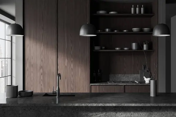 Donkere Luxe Woonkeuken Interieur Met Stenen Bar Teller Fornuis Houten — Stockfoto
