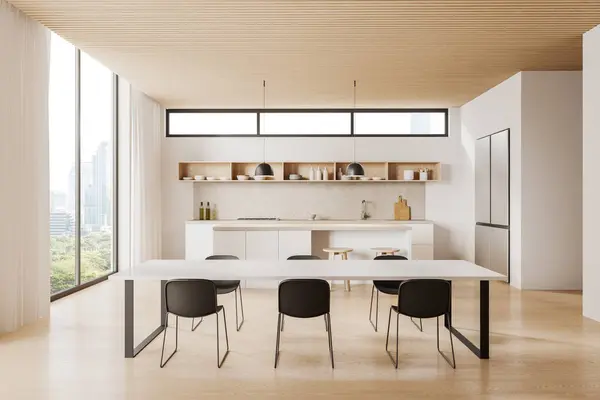 Interior Cozinha Casa Luxo Com Mesa Jantar Balcão Bar Zona — Fotografia de Stock