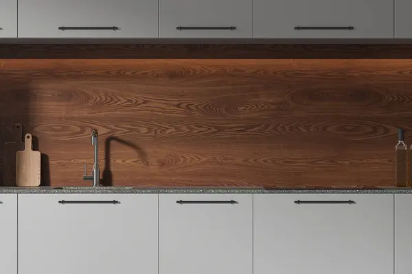 Interieur Der Stilvollen Küche Mit Holzwänden Grauen Schränken Und Bequemen — Stockfoto