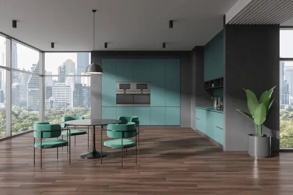 Interieur Der Stilvollen Küche Mit Grauen Und Grünen Wänden Holzboden — Stockfoto