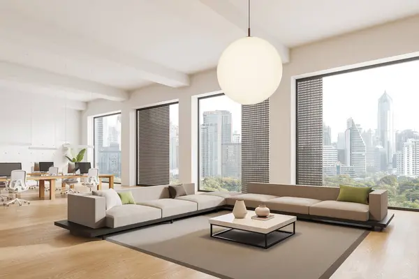 Luxury office interior with relax place, side view coworking space with pc desktop on table in row. Cozy waiting or chill corner near panoramic window on New York skyscrapers. 3D rendering