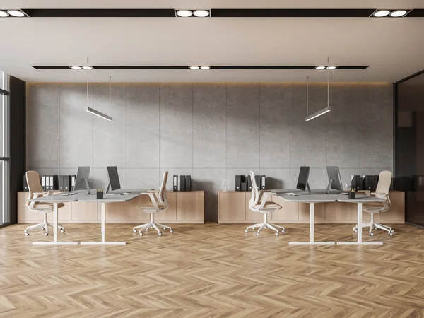 Stylisches Coworking Interieur Aus Holz Mit Desktop Auf Einem Gemeinsamen — Stockfoto