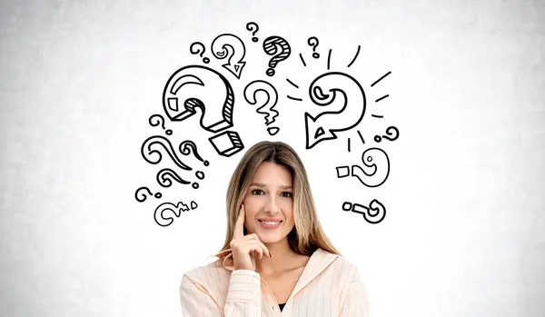 Smiling Young Woman Pensive Curious Look Finger Temple Doodle Question — Stock Photo, Image