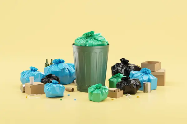 Přeplněný Zelený Koš Plastovými Taškami Odpadky Žluté Pozadí Pojem Odpad — Stock fotografie