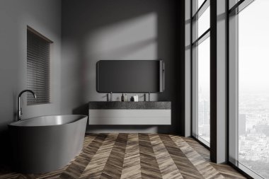 Gri duvarları olan şık bir banyo, koyu ahşap zemin, rahat gri küvet ve büyük pencerenin yanında asılı büyük aynalı rahat çift lavabo. 3d oluşturma