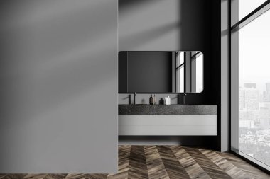 Karanlık ev banyosu, çift lavabo, aksesuarlar ve Paris manzaralı panoramik pencere. Boş fotokopi duvarı bölümlerini düzenle. 3B görüntüleme