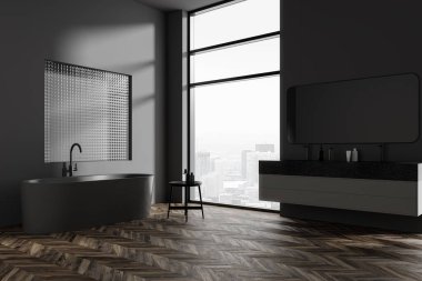 Karanlık ev banyosu, çift lavabo ve küvet, Paris gökdelenlerinde panoramik pencere. Tabure ve aksesuarlarla banyo köşesi. 3B görüntüleme