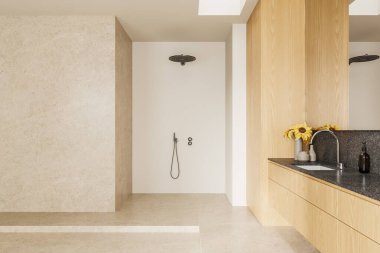 Duş, lavabo, bej beton döşeme... Minimalist tasarımı, aksesuarları ve dekorasyonu olan modern lüks bir daire. 3B görüntüleme