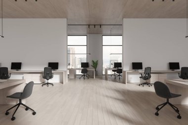 Beyaz iç mekan sandalyeler ve bilgisayarlarla dolu sıra, duvar bölmesi ve parke zemin. Kuala Lumpur gökdelenlerinde panoramik pencereli iki ofis alanı. 3B görüntüleme