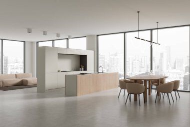 Modern mutfağın köşesinde beyaz duvarlar, beton zemin, rahat beyaz dolaplar, ahşap ada, sandalyeli yuvarlak yemek masası ve arka planda bej kanepeli oturma odası. 3d oluşturma
