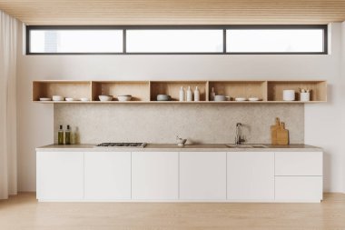 Beyaz duvarları, ahşap zemini, ocağı ve lavabosu olan rahat beyaz dolapları ve üzerinde rahat rafları olan modern mutfağın içi. 3d oluşturma