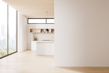 Bar tezgahı, rafları ve ahşap zemini olan lüks bir ev mutfağı. New York 'ta panoramik pencereli modern bir dairede hafif pişirme alanı. Model boş duvar bölmesi. 3B görüntüleme