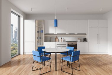 Yemek masası ve koltukları olan beyaz mutfak, dolaplı ve buzdolaplı pişirme alanı. New York gökdelenlerinin panoramik penceresi. 3B görüntüleme