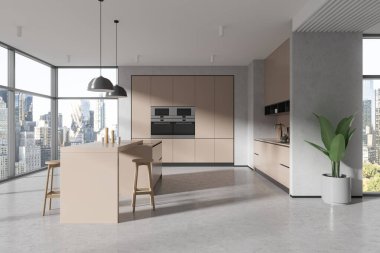 Bar tezgahı ve sandalyeli modern ev mutfağı, köşeli dolaplı yemek pişirme alanı ve hafif beton zeminde bitki örtüsü. New York gökdelenlerinin panoramik penceresi. 3B görüntüleme