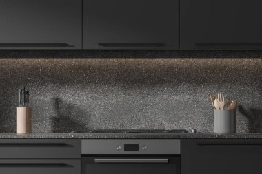 Gri duvarları, gri dolapları ve fırında pişirilmiş rahat gri dolapları olan şık bir mutfak. 3d oluşturma