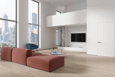 Beyaz duvarları, ahşap zemini, rahat kahverengi koltuğu, mavi koltuğu ve duvarında televizyonu olan modern oturma odasının içi. 3d oluşturma