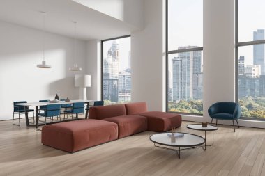Kahverengi kanepesi ve kahve masası olan koltuğu olan şık bir ev oturma odası. Yemek masası, sandalyeler, New York gökdelenlerinde panoramik pencere. 3B görüntüleme