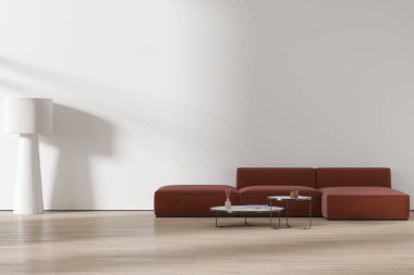 Beyaz duvarları, ahşap zemini, yuvarlak sehpaların yanında duran rahat kahverengi kanepesi ve uzay duvarının fotokopisi olan modern minimalist oturma odası. 3d oluşturma