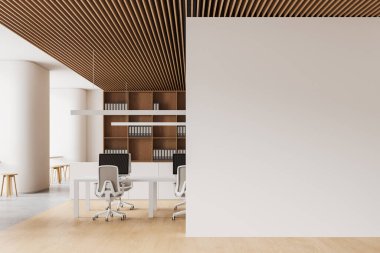 Koltuklar ve bilgisayar monitörleri ile minimalist bir iç çalışma masası, klasörler ve ahşap zeminli raflar. Samimi ofis yeri ve fotokopi duvarı bölümü. 3B görüntüleme