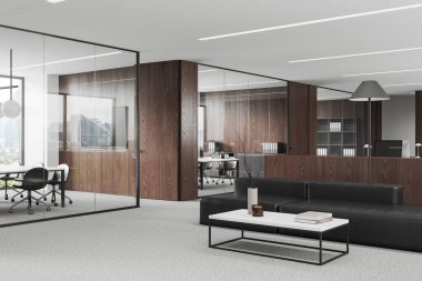 Beyaz ve ahşap ofis içi kanepeli, yan manzaralı kahve masası halıda. Masası ve sandalyeleri olan şık cam toplantı odası. Gökdelenlerin panoramik penceresi. 3B görüntüleme