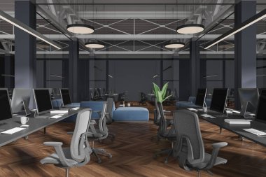 Gri ve cam duvarları, ahşap zemini ve gri sandalyeli sıra sıra bilgisayar masaları olan şık bir açık uzay ofisi. 3d oluşturma