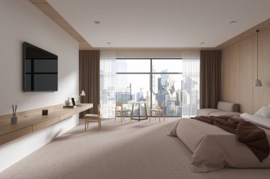 Bej rengi, modern otel odasının iç yatağı ve sandalyeli yemek masası, televizyon ekranı ve konsolu. New York 'ta panoramik pencereli lüks dinlenme odası. 3B görüntüleme