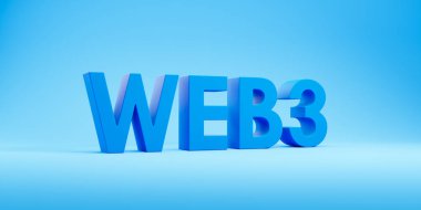 Geniş formatta büyük web 3 harfleri mavi arka planda. Gelecek nesil World Wide Web. Merkezi olmayan bilgi kavramı ve dağıtılmış sosyal ağ. 3B resimleme
