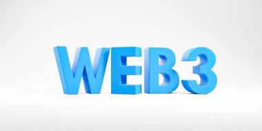 Geniş formatta beyaz arkaplanda büyük web 3.0 harfleri. Gelecek nesil World Wide Web. Merkezi olmayan bilgi kavramı ve dağıtılmış sosyal ağ. 3B resimleme