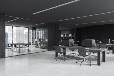 Gri ve koyu renkli ahşap duvarları, beton zemini, sandalyeli sıra bilgisayar masaları ve yanında uzun konferans masası olan toplantı odasının köşesi. 3d oluşturma