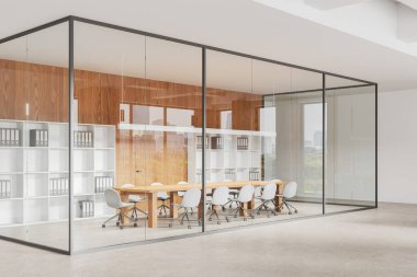 Beyaz ve ahşap ofis içi sandalyeli ve pansiyonlu, rafı klasörlü. New York gökdelenleri üzerinde panoramik penceresi olan konferans alanının köşesi. 3B görüntüleme
