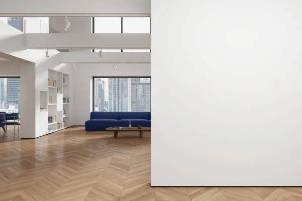 Interior Modern Living Room White Walls Wooden Floor Comfortable Blue — Stock Photo, Image