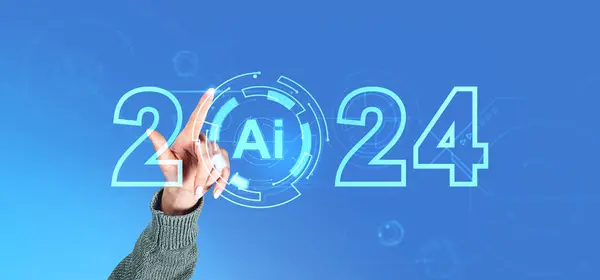 Hand Affärskvinna Med Hjälp Uppslukande 2024 Artificiell Intelligens Gränssnitt Över — Stockfoto