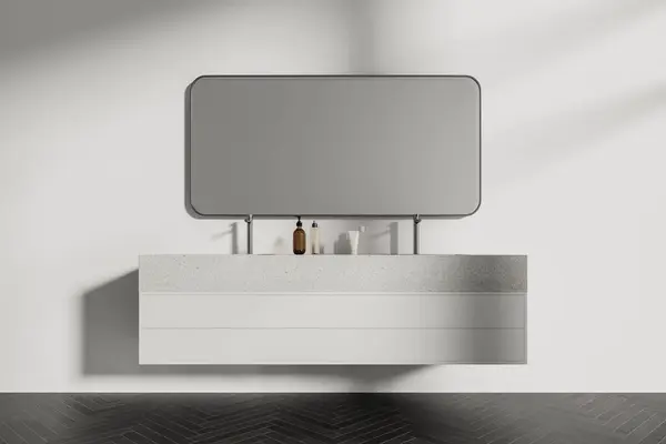 Luxury Hotel Stylish Bathroom Interior Double Sink Mirror Minimalist Accessories — Stock Photo, Image