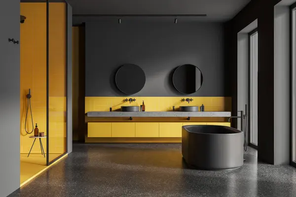 Interior Casa Banho Elegante Com Paredes Azulejos Cinza Amarelo Piso — Fotografia de Stock