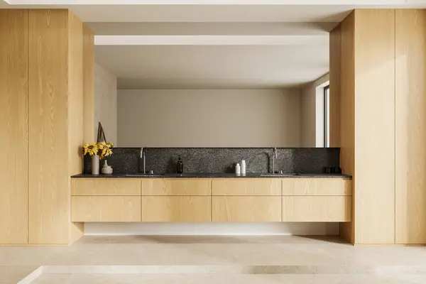 Interior Banheiro Moderno Com Paredes Brancas Madeira Piso Concreto Confortável — Fotografia de Stock