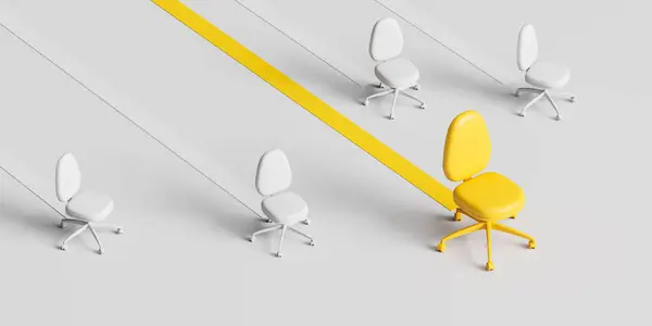 Pohled Bílé Kancelářské Židle Žlutou Židlí Před Nimi Koncepce Kariérního — Stock fotografie
