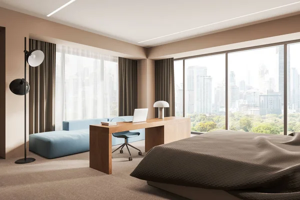 Cozy home bedroom interior with bed, side view workspace and chair with sofa. Sleep and work corner with panoramic window on New York skyscrapers. 3D rendering