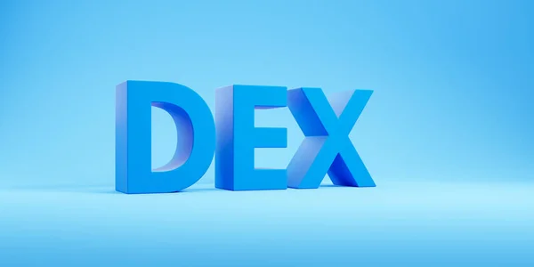 Big DEX letters on blue background, side view wide format. Decentralized exchange and application. Concept of internet banking and e-business. 3D rendering illustration