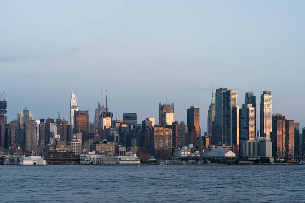 New York skyscrapers and Hudson Yards waterfront, panoramic view on office buildings, world financial center cityscape. Manhattan west side skyline and river