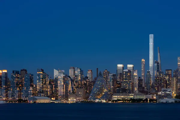 New York Gökdelenleri Hudson Nehri Geceleri Rıhtım Şirket Finans Binaları — Stok fotoğraf