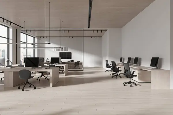 White and wooden office interior with coworking and glass meeting room, pc computers on desk and armchairs in row. Panoramic window on Kuala Lumpur skyscrapers. 3D rendering