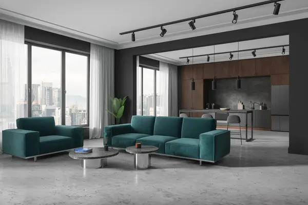 Luxury home flat interior with sofa and coffee table, side view bar counter with cooking cabinet and fridge. Panoramic window on Kuala Lumpur skyscrapers. 3D rendering