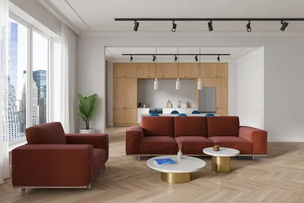 White and wooden home studio interior with sofa and coffee table, eating table with cooking cabinet and fridge. Panoramic window on New York skyscrapers. 3D rendering
